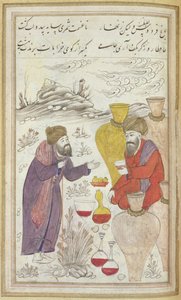 Ein Mann lehnt an einem Stock und spricht mit einem Mann, umgeben von großen Krügen, Flaschen Wein stehen vor ihm, aus Divan von Hafiz, ca. 1650